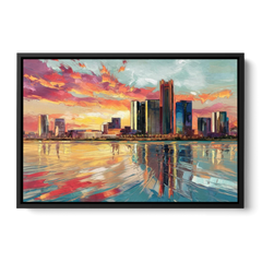 Detroit Skyline At Sunset - Black Framed Canvas Wall Art - Front