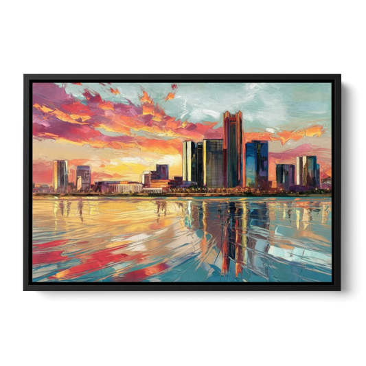 Detroit Skyline At Sunset - Black Framed Canvas Wall Art - Front