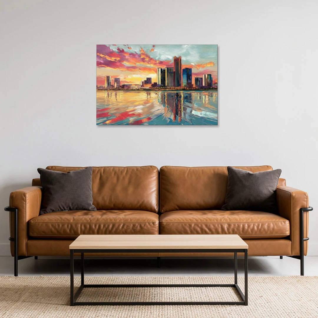 Detroit Skyline At Sunset - Canvas Wall Art - Sofa - 36x24