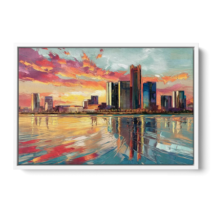 Detroit Skyline At Sunset Front - White Canvas Wall Art