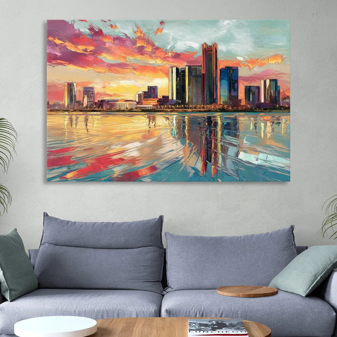 Detroit Skyline At Sunset Sitting Room - Canvas Wall Art
