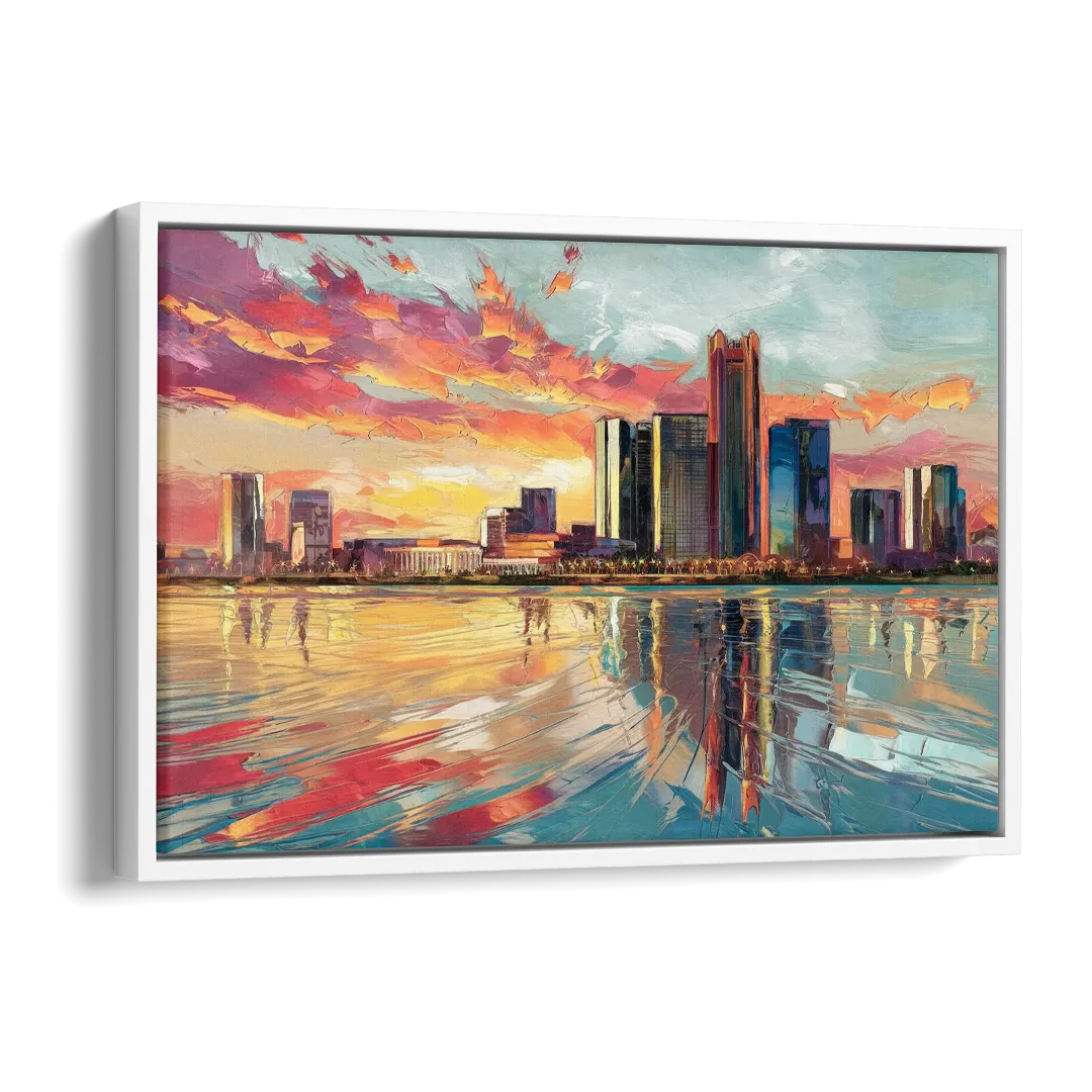 Detroit Skyline At Sunset Side - White Canvas Wall Art