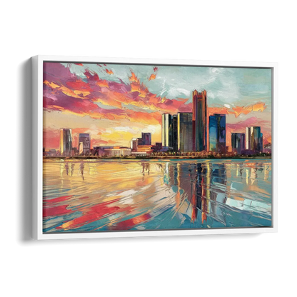 Detroit Skyline At Sunset Side - White Canvas Wall Art