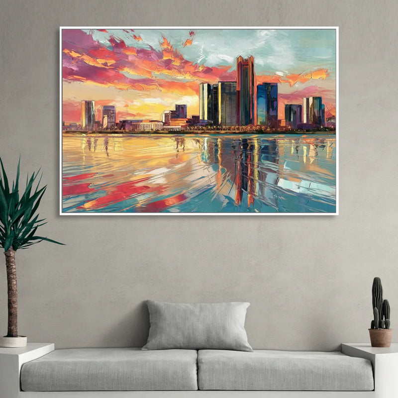 Detroit Skyline At Sunset Sitting Room - White Canvas Wall Art
