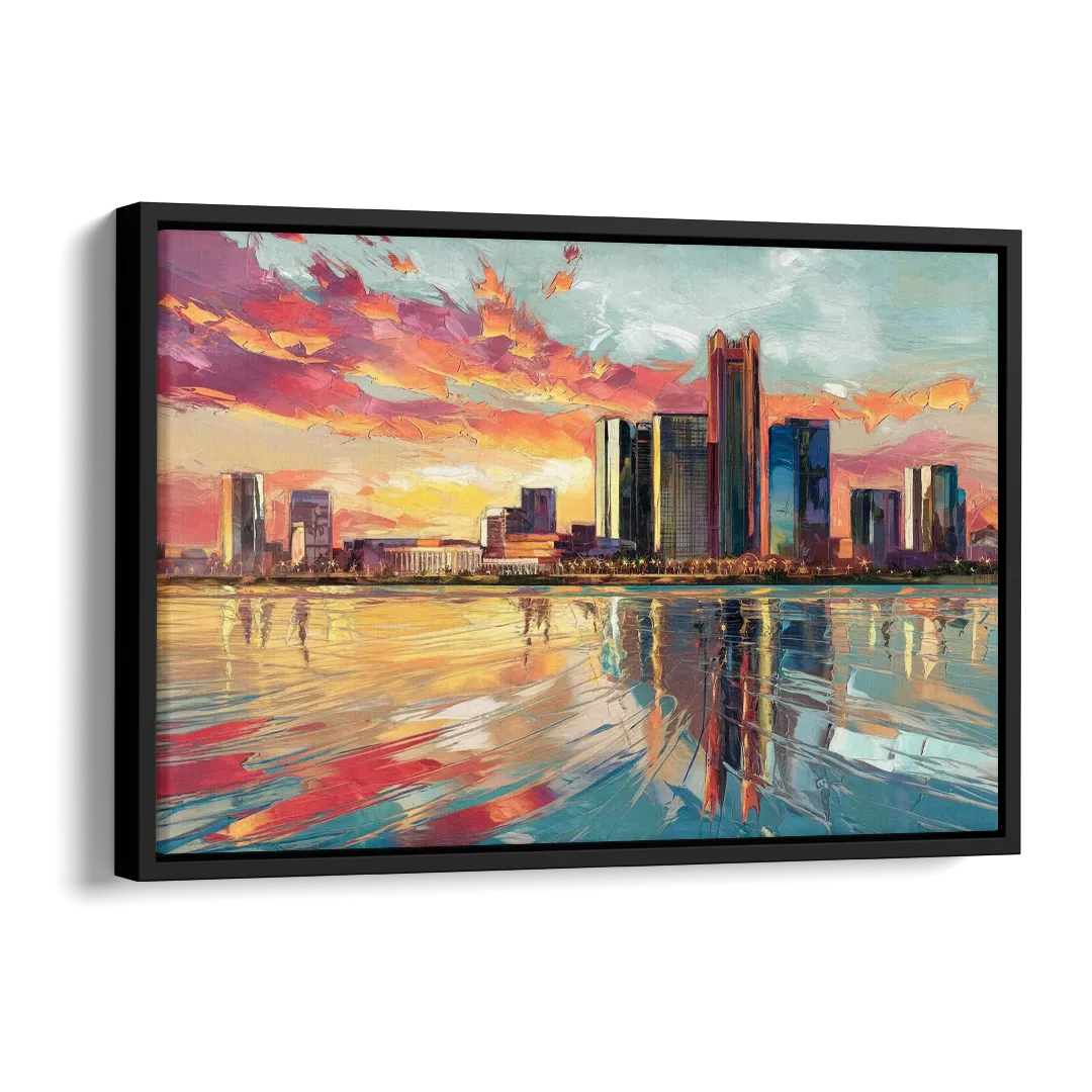 Detroit Skyline At Sunset Side - Black Canvas Wall Art