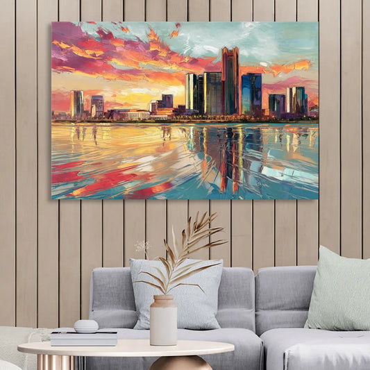 Detroit Skyline At Sunset Living Room - Canvas Wall Art