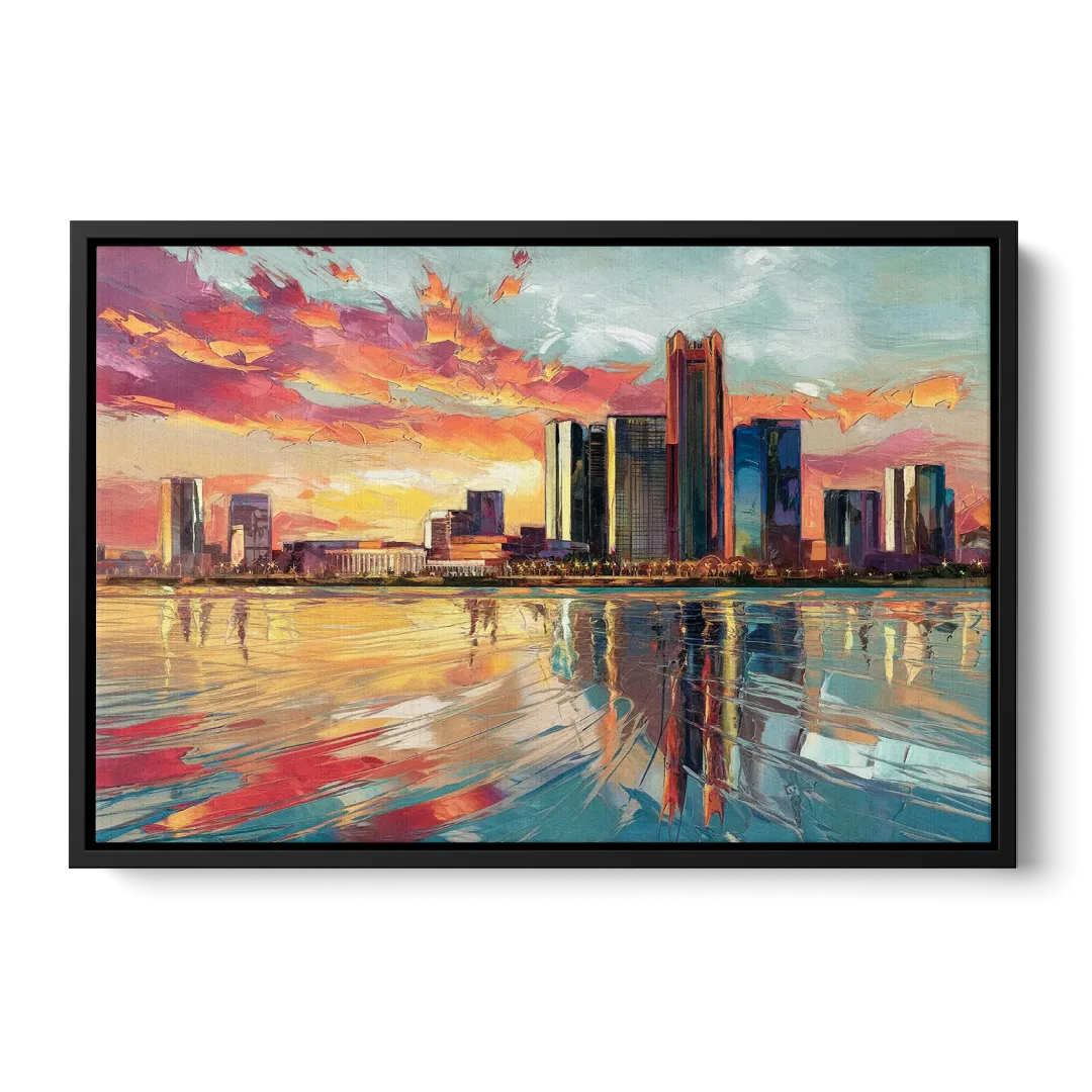 Detroit Skyline At Sunset Front - Black Canvas Wall Art