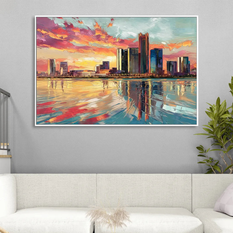 Detroit Skyline At Sunset Living Room - White Canvas Wall Art