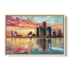 Detroit Skyline At Sunset - Oak Framed Canvas Wall Art - Front