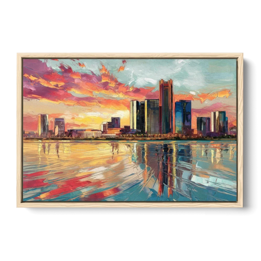 Detroit Skyline At Sunset - Oak Framed Canvas Wall Art - Front