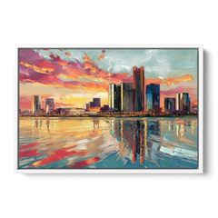 Detroit Skyline At Sunset - White Framed Canvas Wall Art - Front