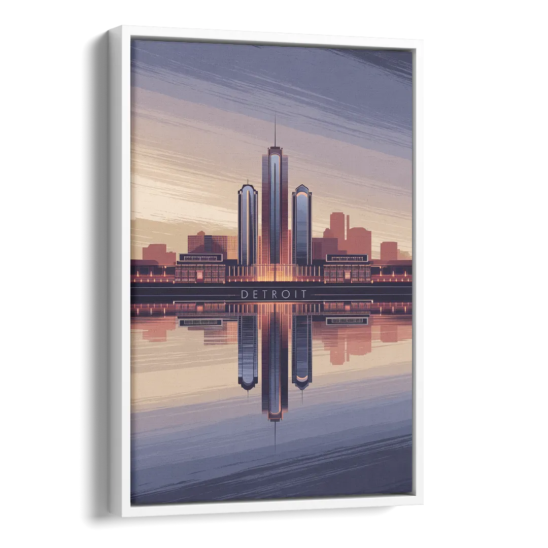 Detroit Skyline Reflections Side - White Canvas Wall Art