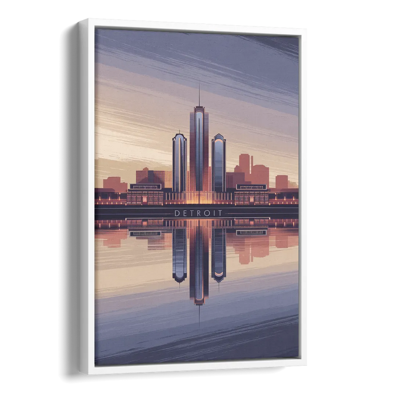 Detroit Skyline Reflections Side - White Canvas Wall Art