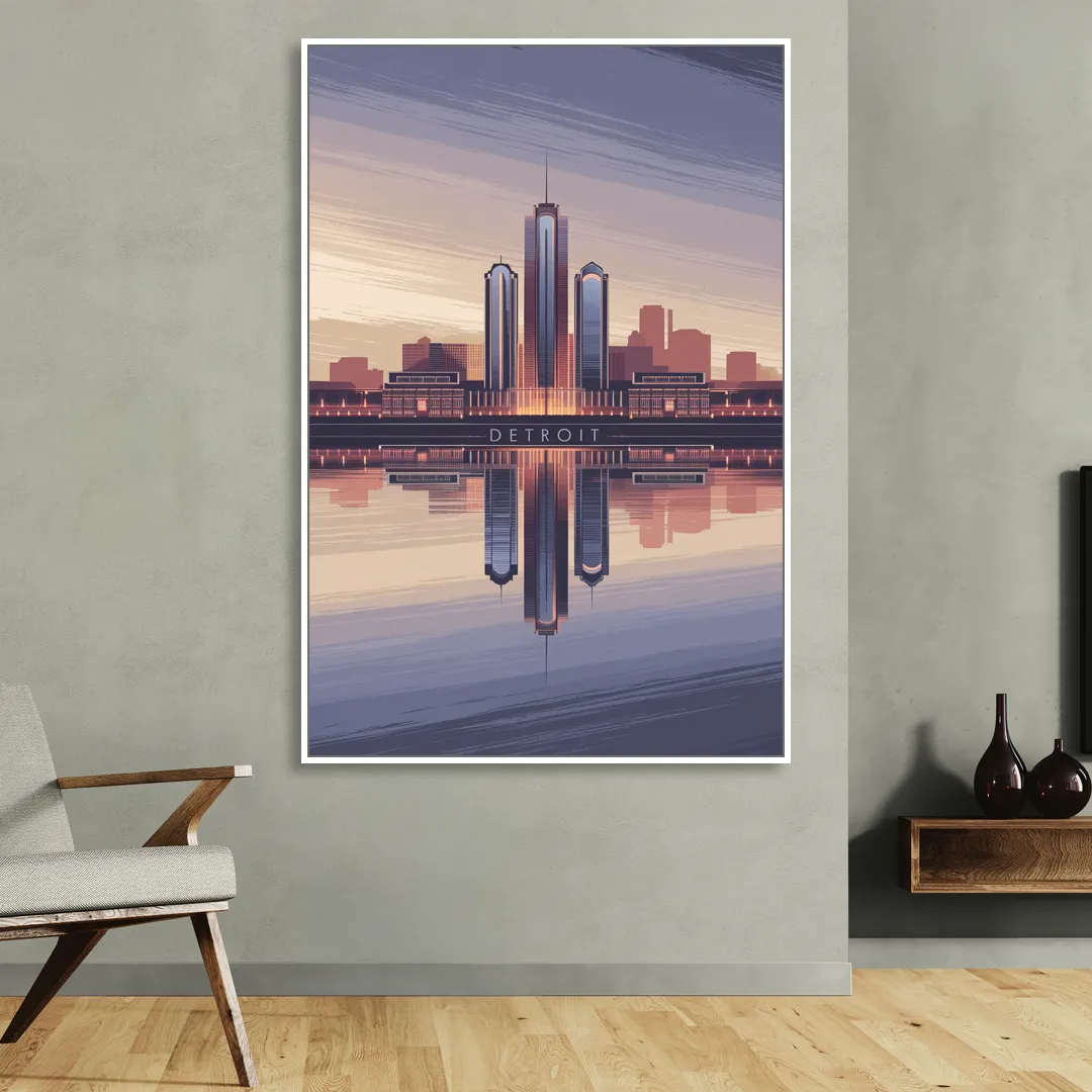Detroit Skyline Reflections Living Room - White Canvas Wall Art