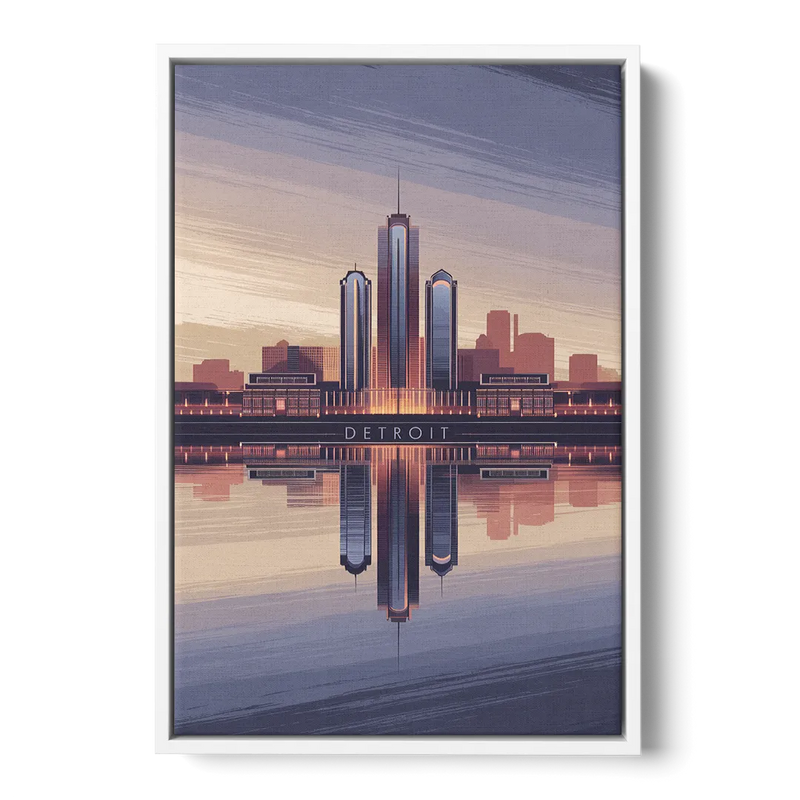 Detroit Skyline Reflections Front - White Canvas Wall Art
