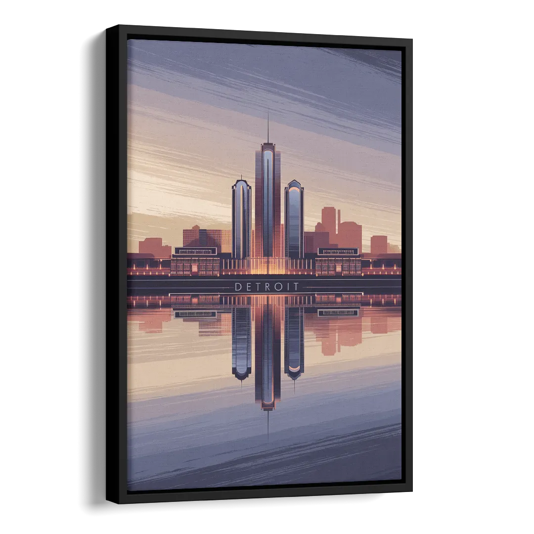 Detroit Skyline Reflections Side - Black Canvas Wall Art