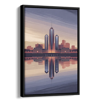 Detroit Skyline Reflections Side - Black Canvas Wall Art