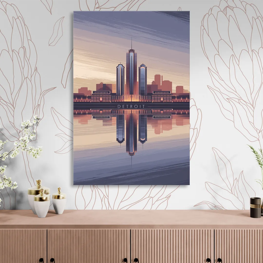 Detroit Skyline Reflections Living Room - Canvas Wall Art
