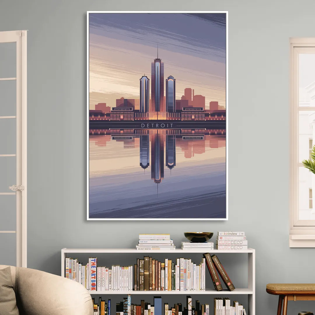 Detroit Skyline Reflections Sitting Room - White Canvas Wall Art