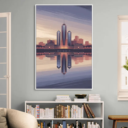 Detroit Skyline Reflections Sitting Room - White Canvas Wall Art