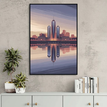Detroit Skyline Reflections Sitting Room - Black Canvas Wall Art
