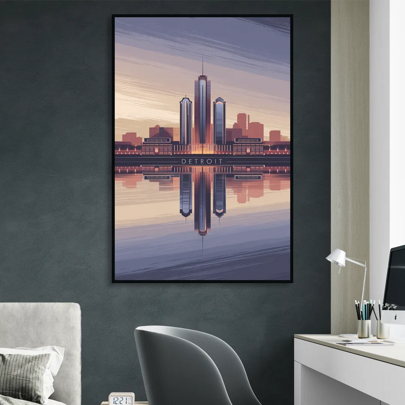 Detroit Skyline Reflections Living Room - Black Canvas Wall Art