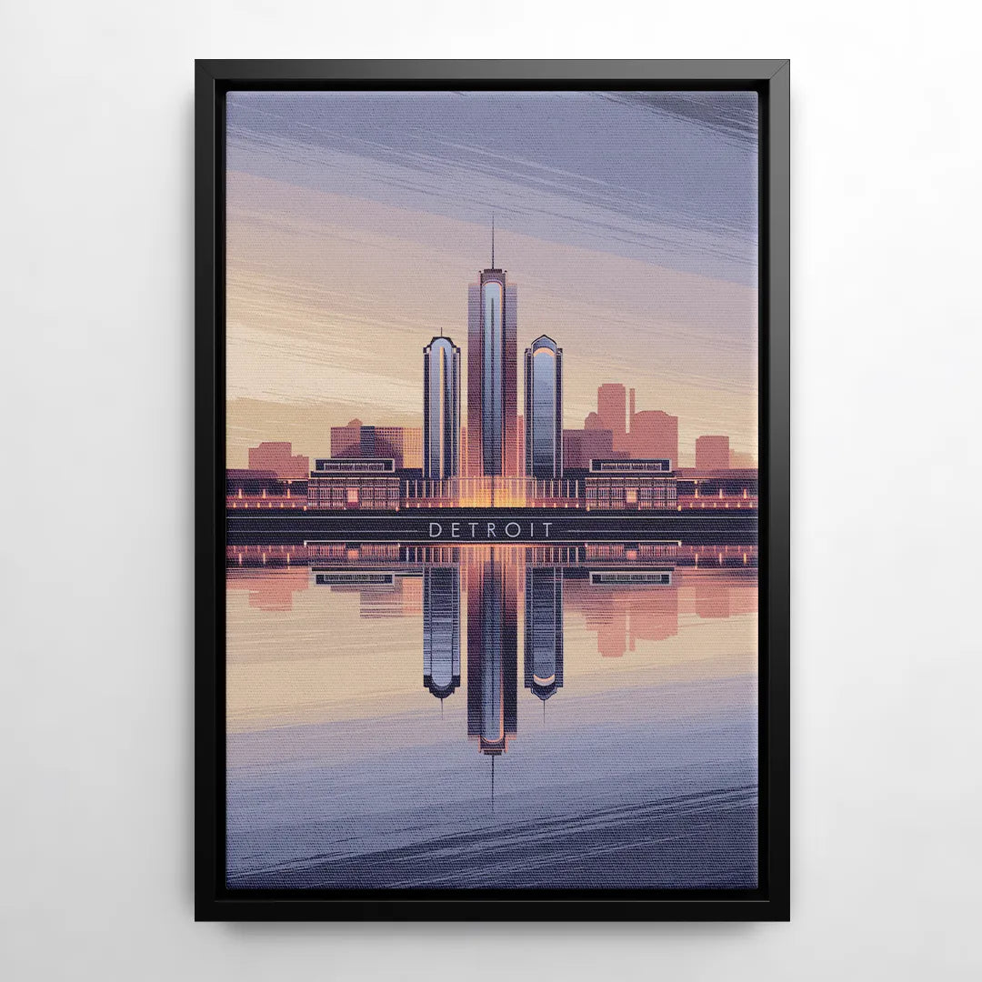 Detroit Skyline Reflections - Black Frame Canvas