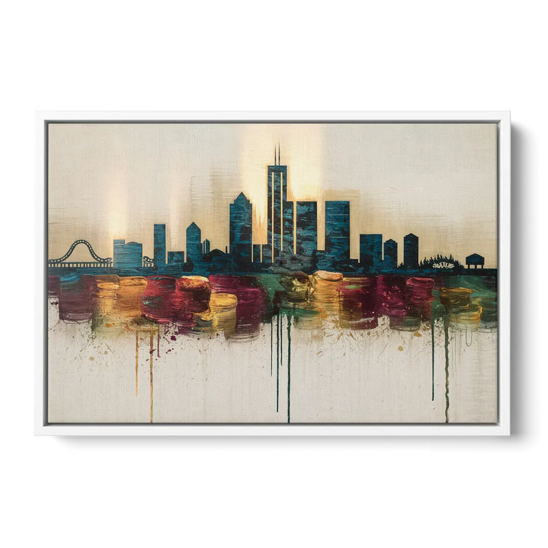 Detroit Skyline Silhouette Front - White Canvas Wall Art
