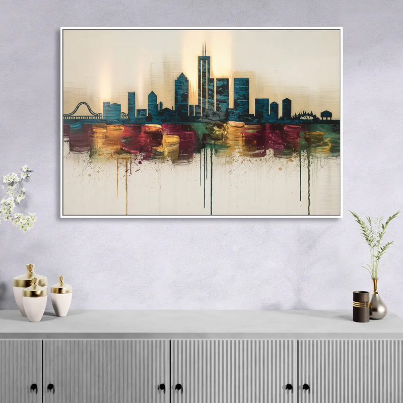 Detroit Skyline Silhouette Living Room - White Canvas Wall Art