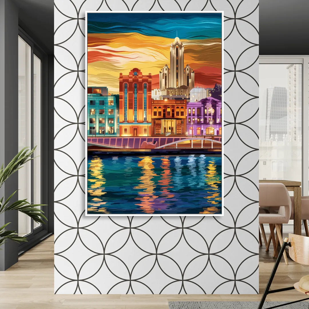 Detroit Vibrant Cityscape Living Room - White Canvas Wall Art