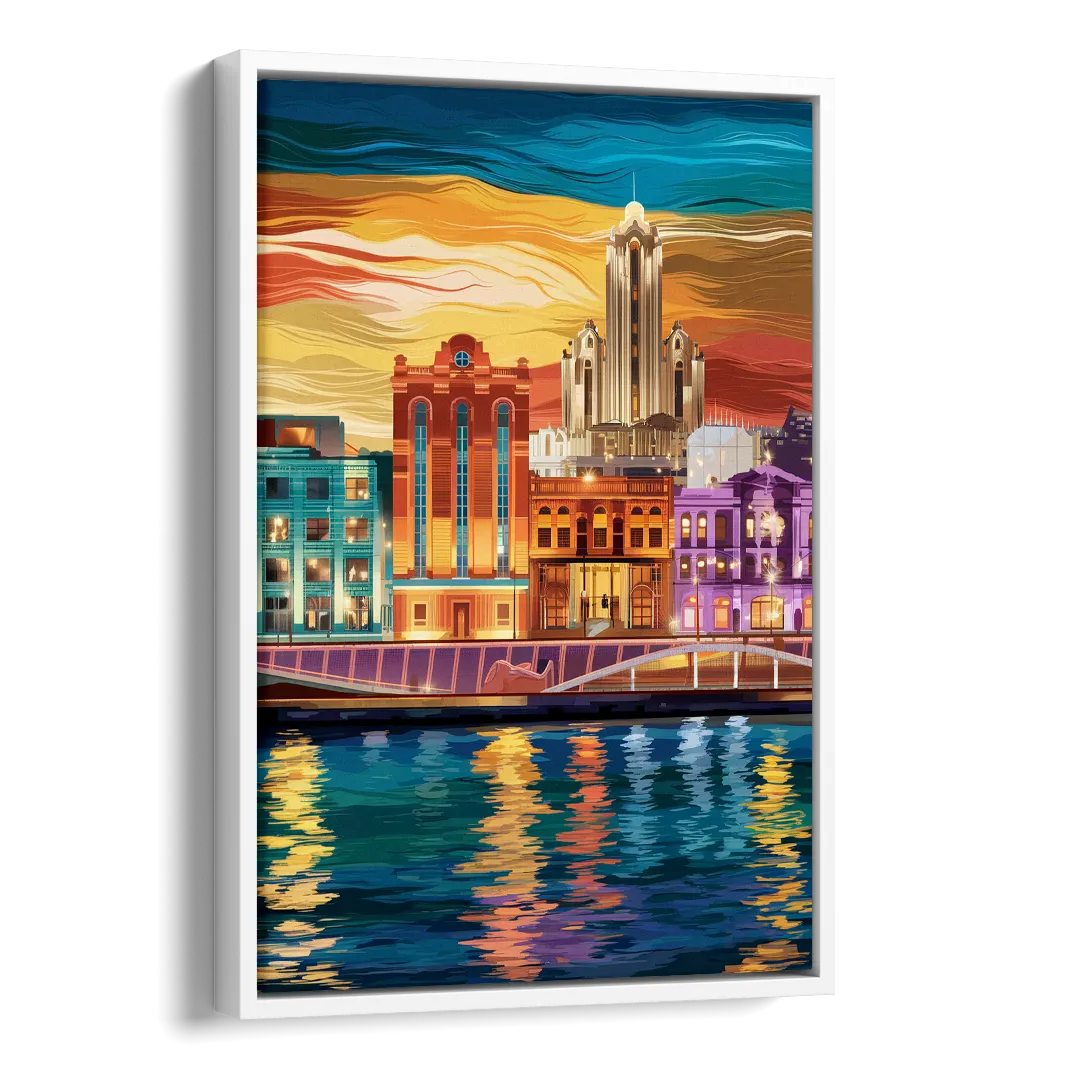 Detroit Vibrant Cityscape Side - White Canvas Wall Art