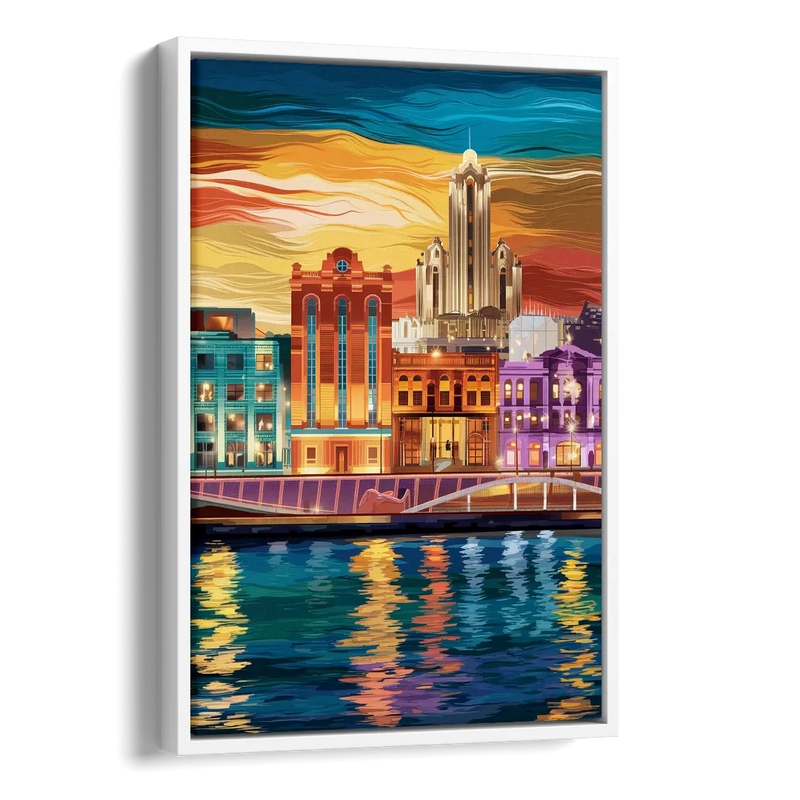 Detroit Vibrant Cityscape Side - White Canvas Wall Art