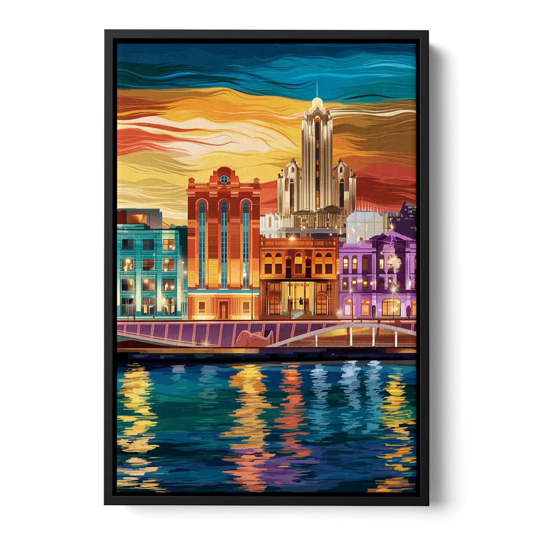 Detroit Vibrant Cityscape Front - Black Canvas Wall Art