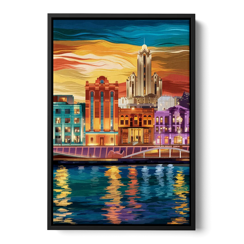 Detroit Vibrant Cityscape Front - Black Canvas Wall Art