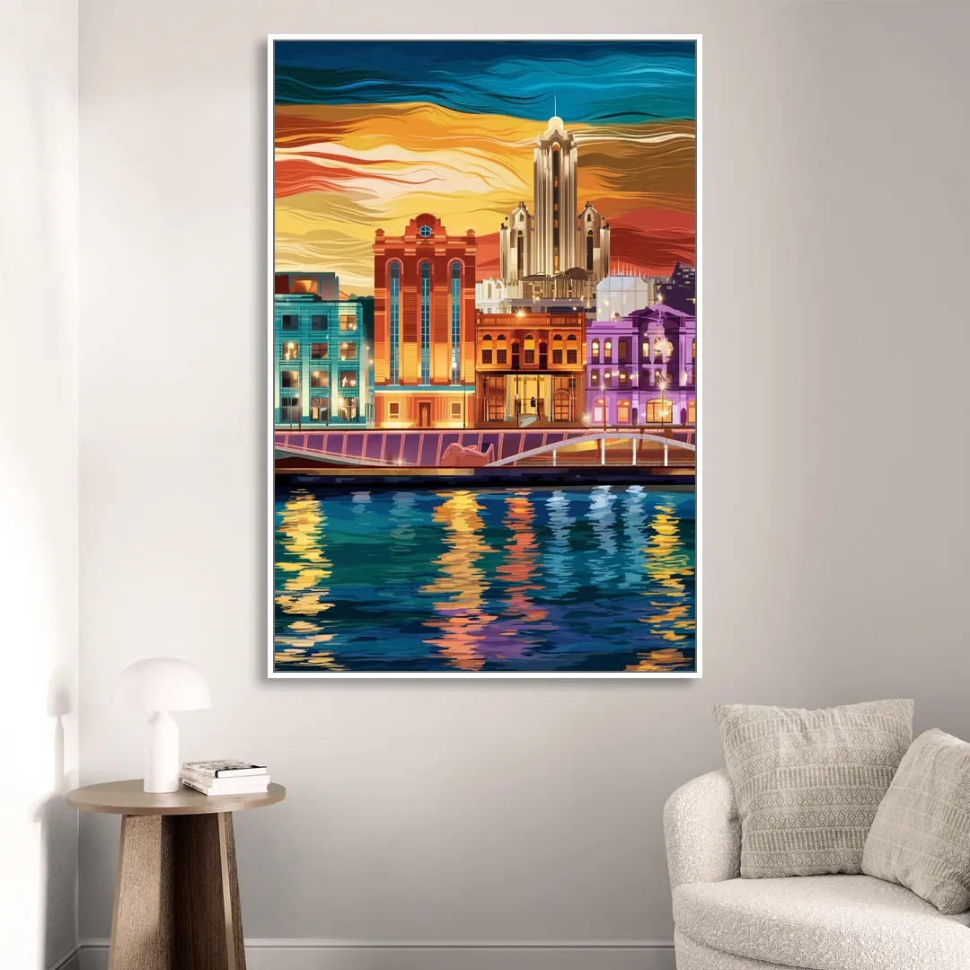 Detroit Vibrant Cityscape Sitting Room - White Canvas Wall Art