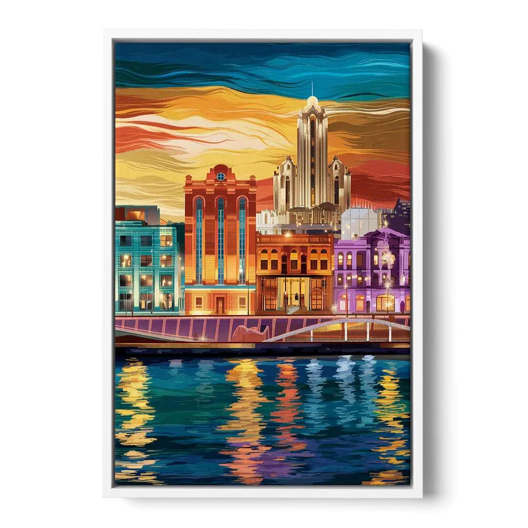 Detroit Vibrant Cityscape Front - White Canvas Wall Art