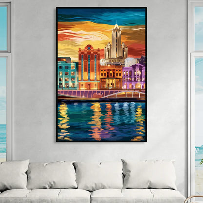 Detroit Vibrant Cityscape Living Room - Black Canvas Wall Art