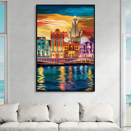 Detroit Vibrant Cityscape Living Room - Black Canvas Wall Art
