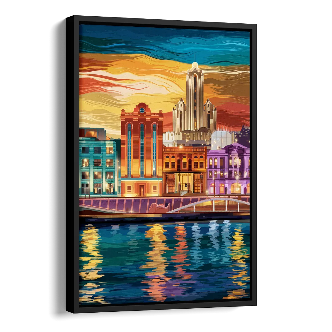 Detroit Vibrant Cityscape Side - Black Canvas Wall Art