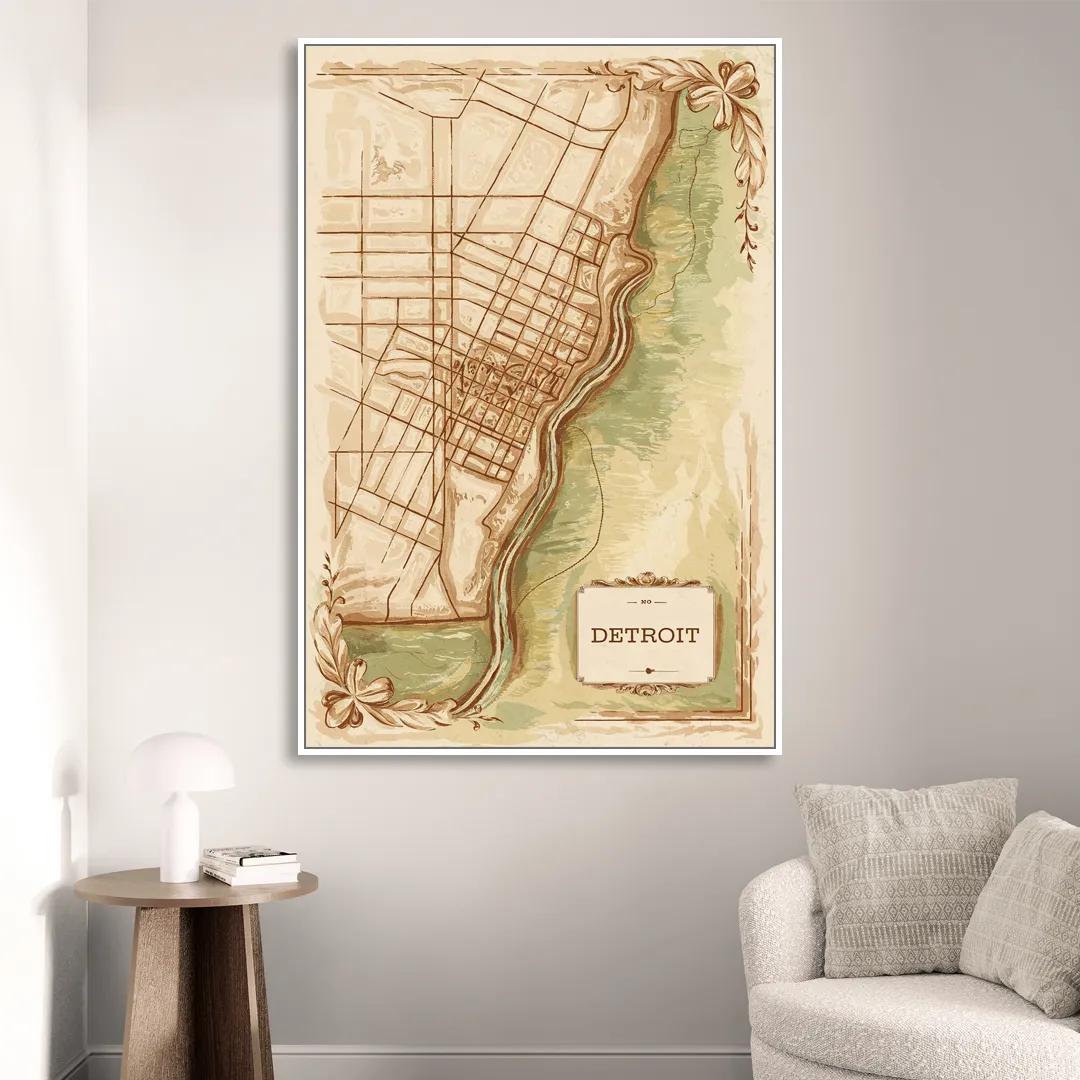 Detroit Vintage Map Living Room - White Canvas Wall Art