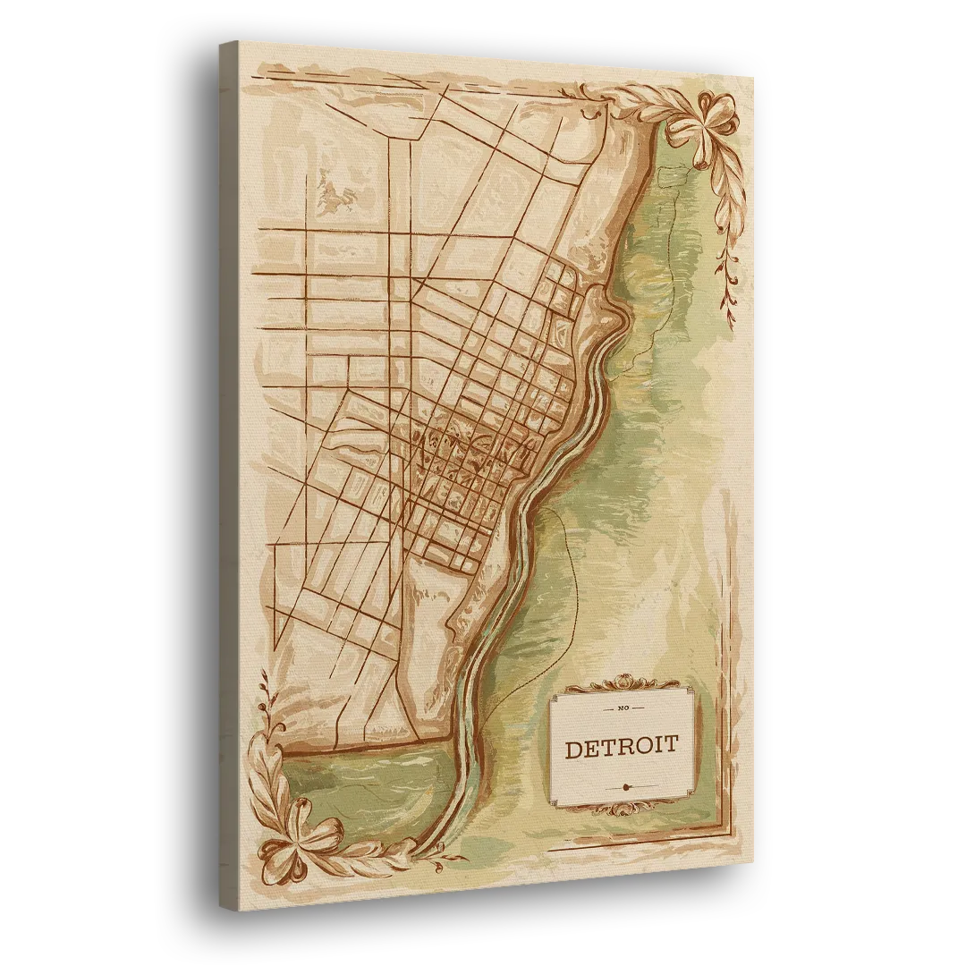 Detroit Vintage Map Side - Canvas Wall Art