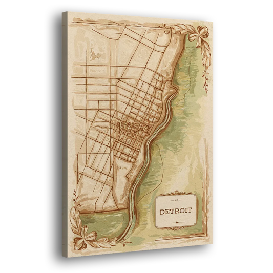 Detroit Vintage Map Side - Canvas Wall Art