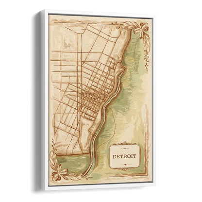 Detroit Vintage Map Side - White Canvas Wall Art