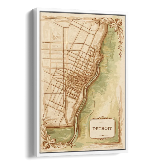 Detroit Vintage Map Side - White Canvas Wall Art