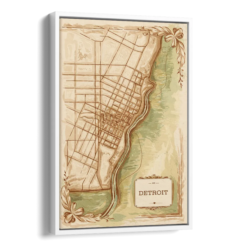 Detroit Vintage Map Side - White Canvas Wall Art