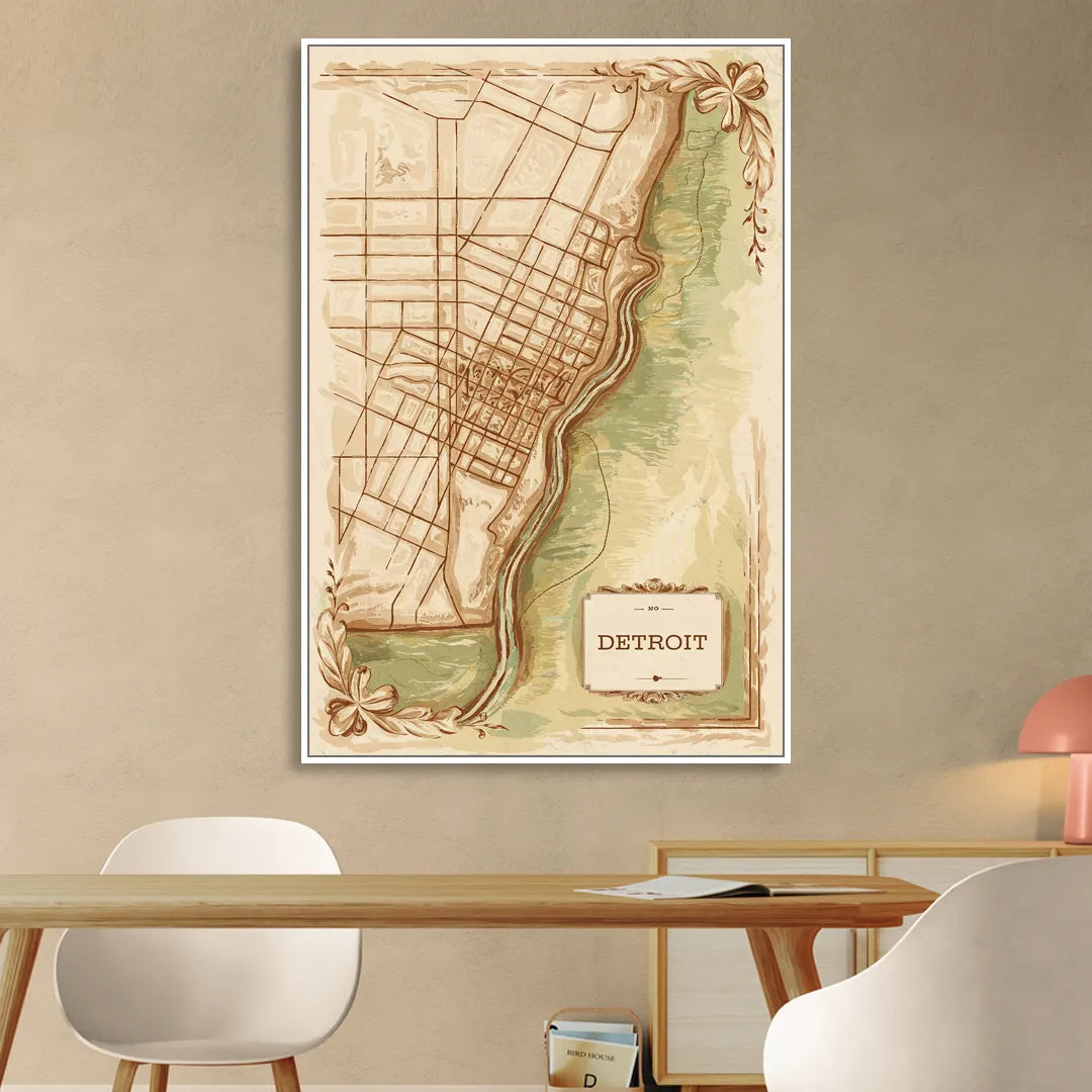 Detroit Vintage Map Sitting Room - White Canvas Wall Art