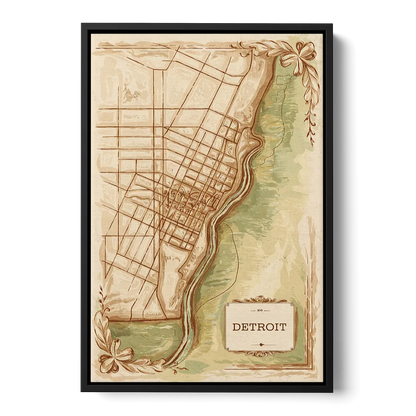 Detroit Vintage Map Front - Black Canvas Wall Art