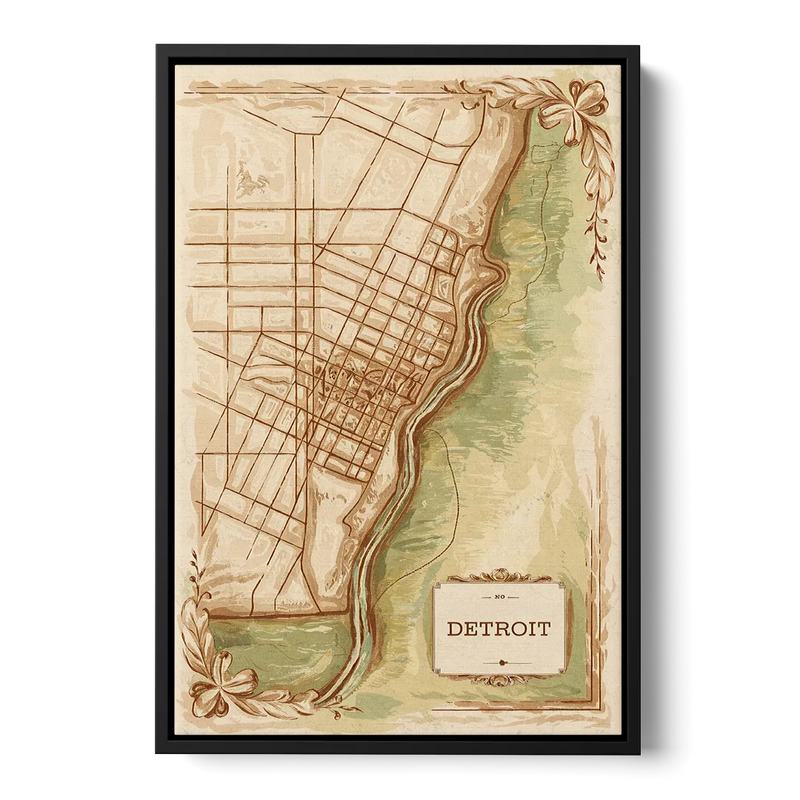 Detroit Vintage Map Front - Black Canvas Wall Art
