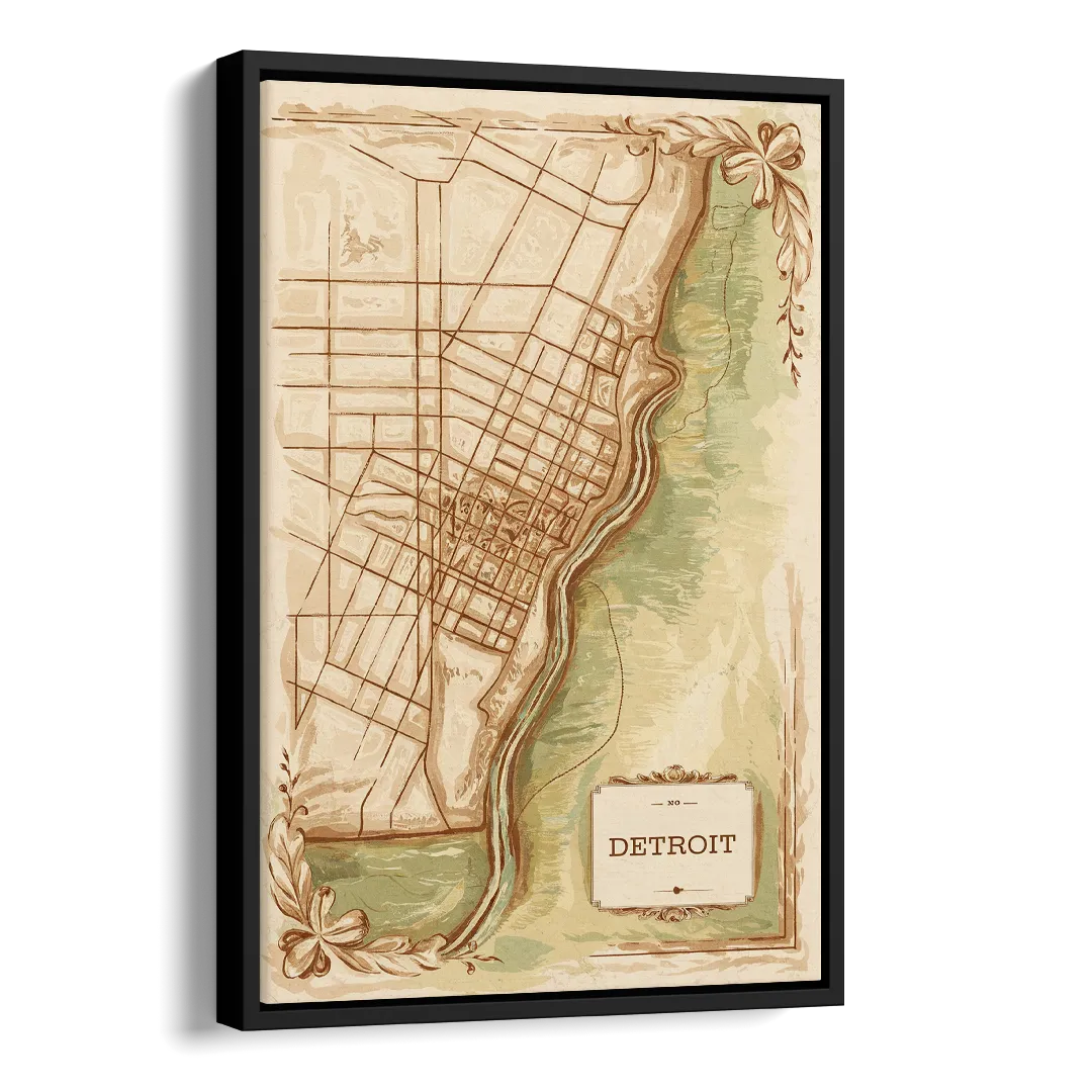 Detroit Vintage Map Side - Black Canvas Wall Art