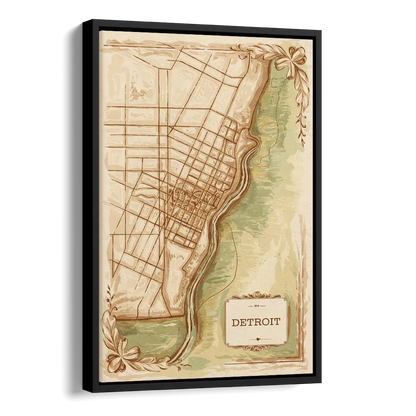 Detroit Vintage Map Side - Black Canvas Wall Art